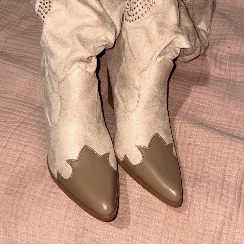 Iconic Country Western Thigh high Cowgirl Boots Cream Taupe Trim Size 9 - Picture 4 of 5